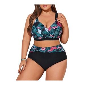 Hanna Nikole Twist Front High Black and Floral Bikini size 24W